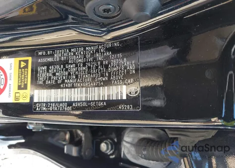 2016 Toyota Camry Le/Xle/Se/Xse z USA, uszkodzony, nr VIN 4T4BF1FK4GR544754